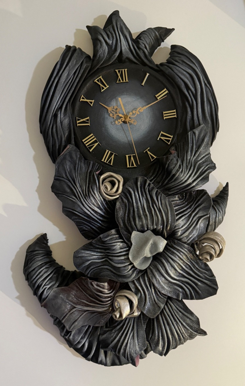 🖤 NEW 24” Polish Sculptural Floral Wall Clock Black Gold Shimmer Fabric Art